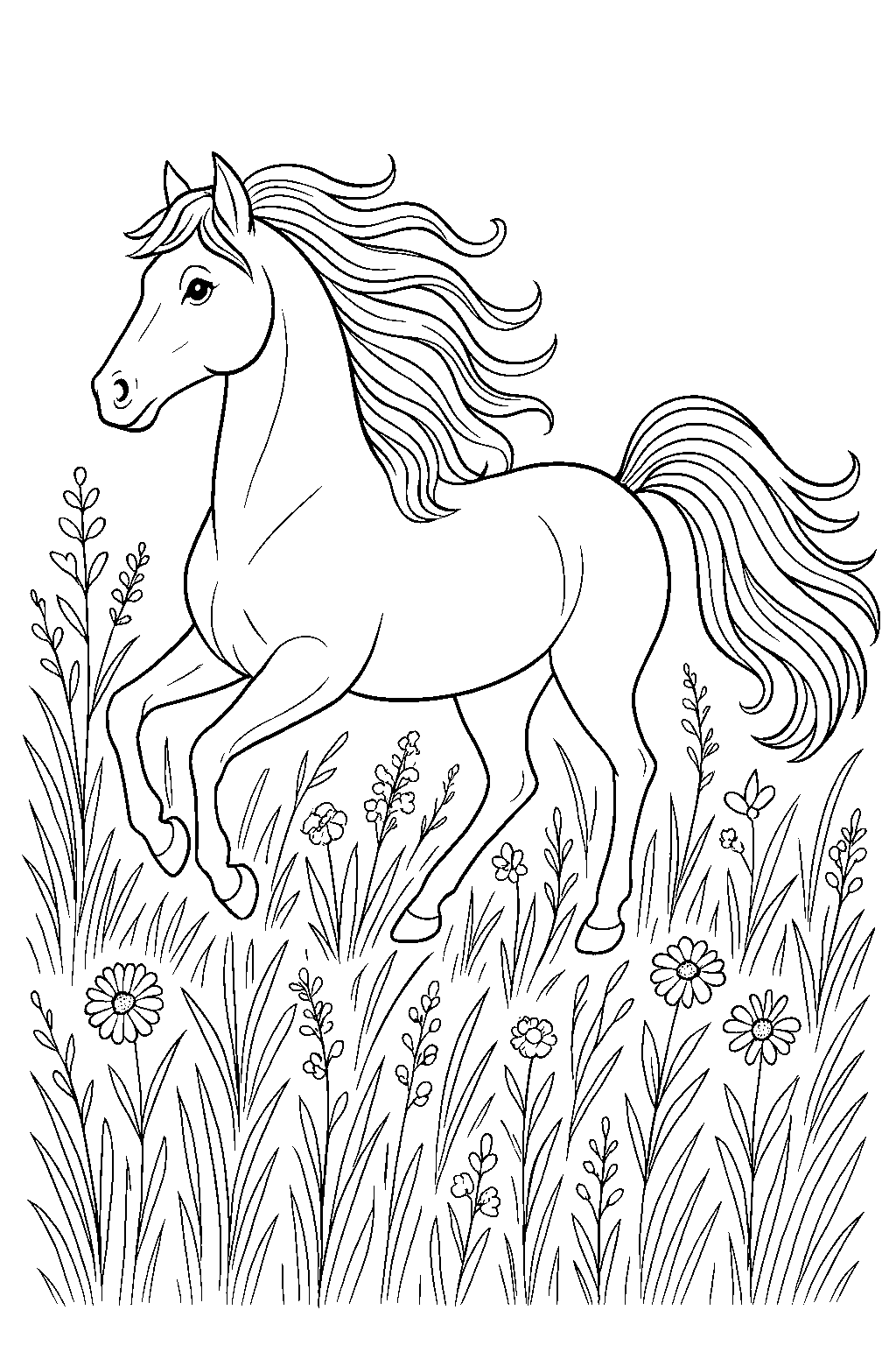 Galloping Horse in a Meadow — Free printable coloring page