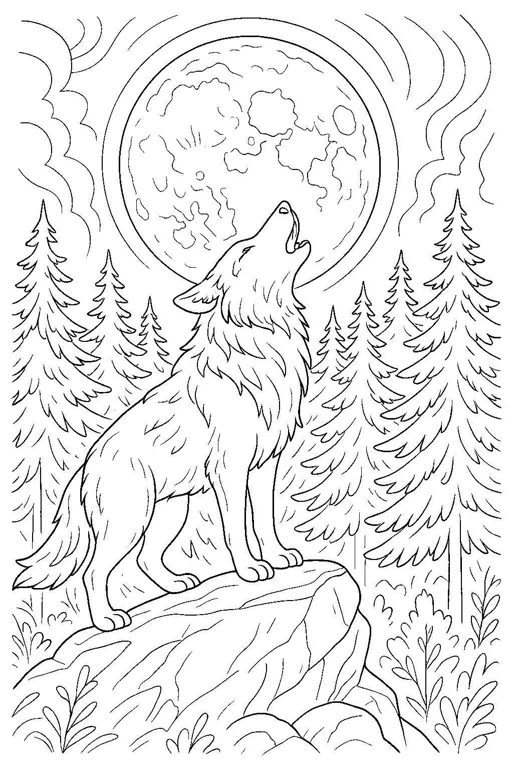 Wolf and the Moon — Free printable coloring page