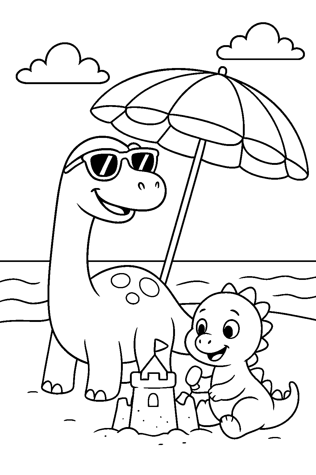 Dinosaurs at the Beach — Free printable coloring page