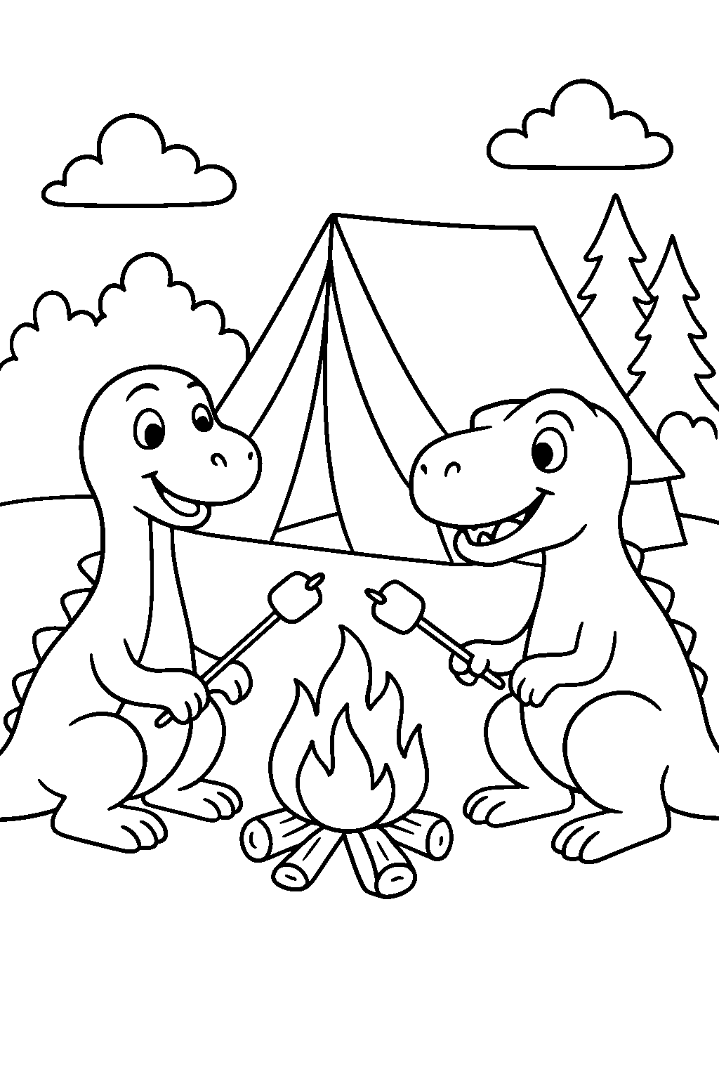 Dino Camping Trip — Free printable coloring page