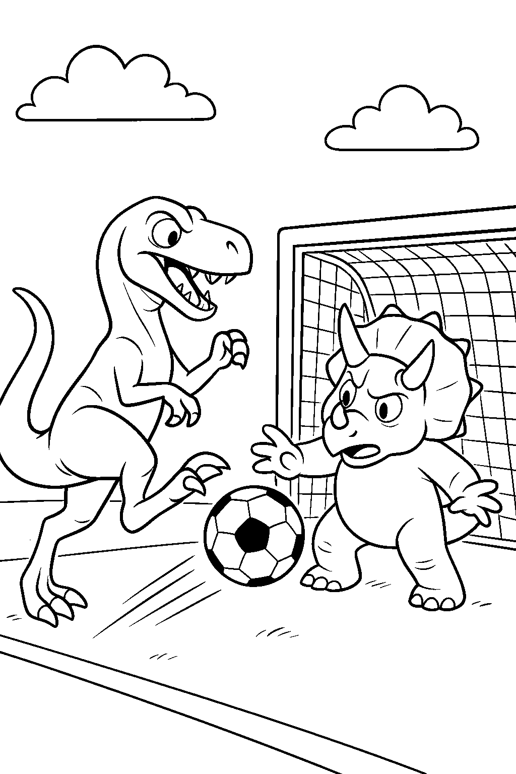 Dino Soccer Match — Free printable coloring page