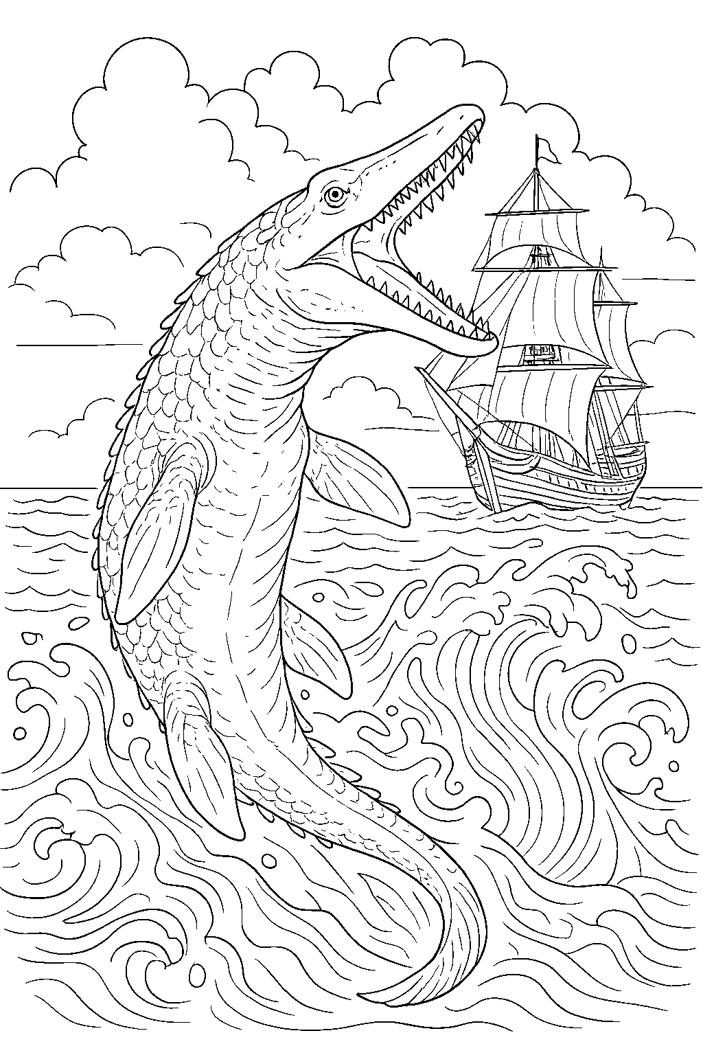 Mosasaurus in the Waves — Free printable coloring page