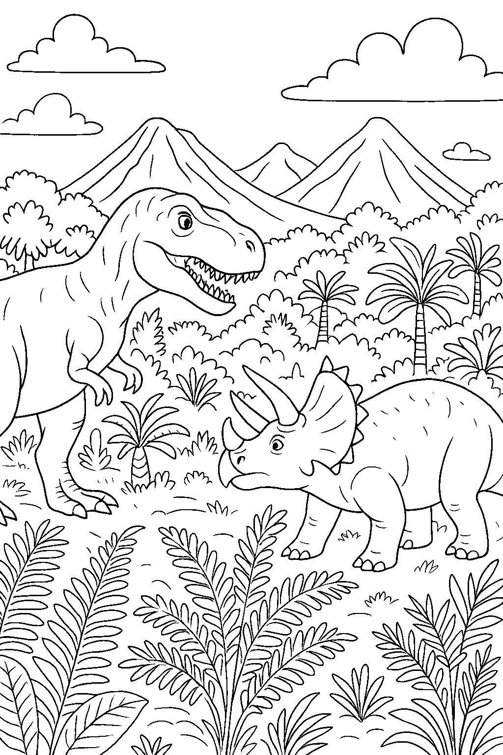T-Rex Meets Triceratops — Free printable coloring page