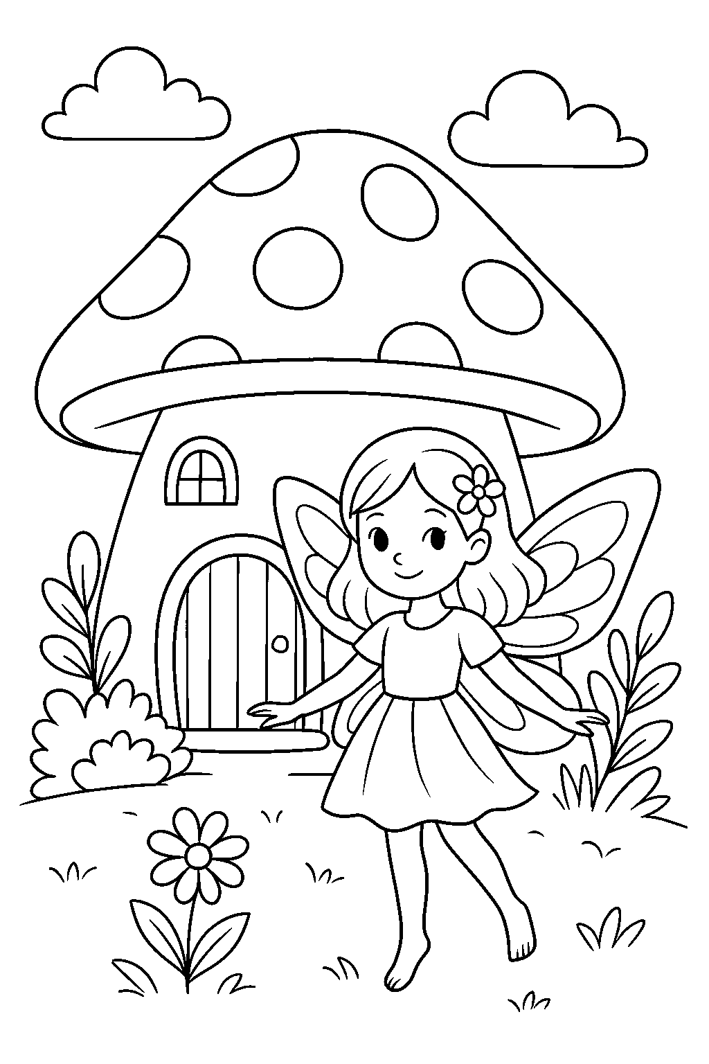 Fairy and the Mushroom House — Free printable coloring page