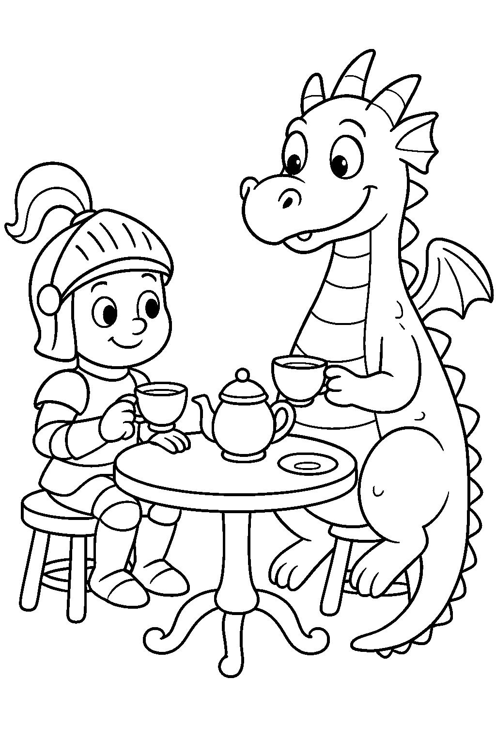 Knight and Dragon Sharing Tea — Free printable coloring page