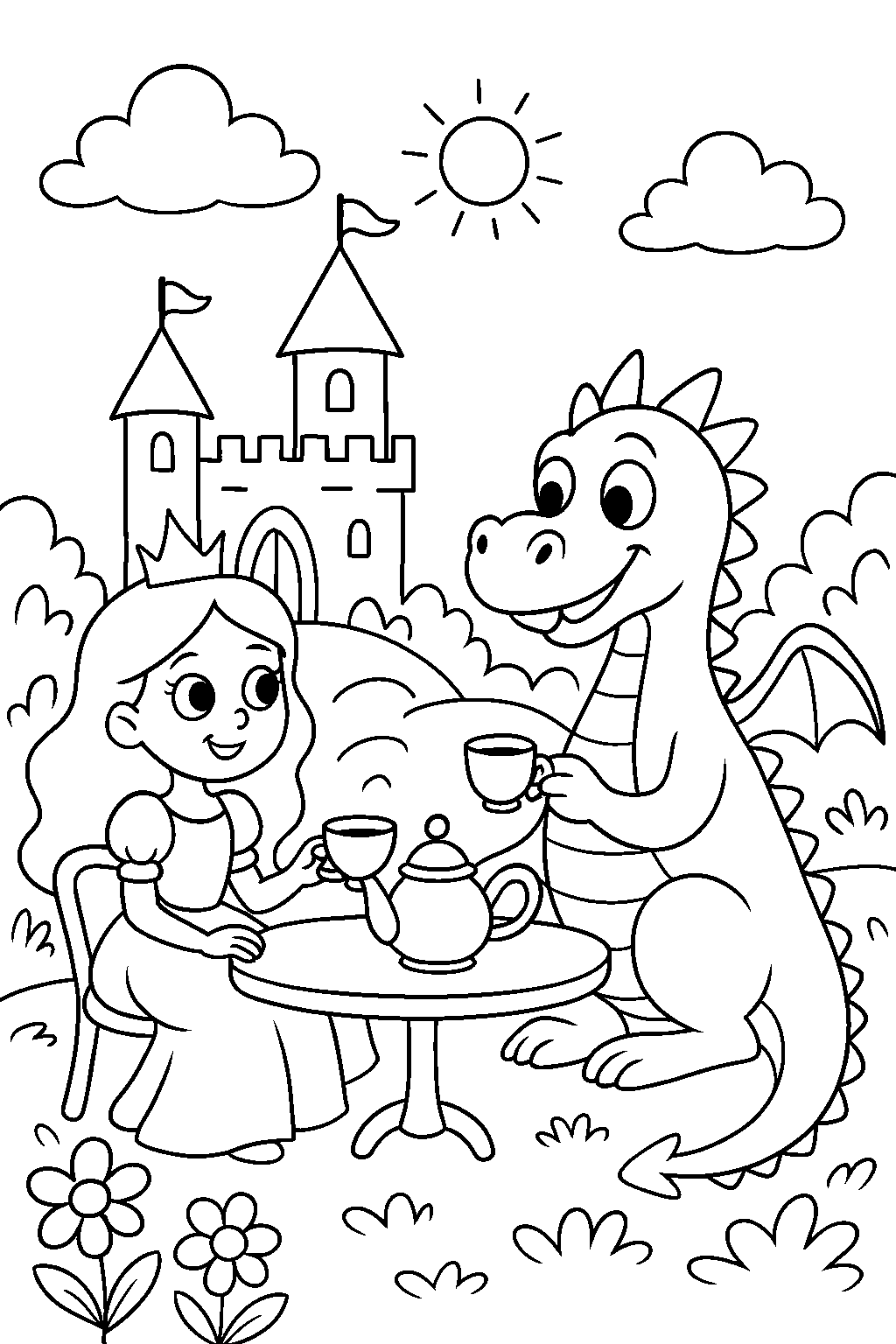 Princess and Dragon Tea — Free printable coloring page