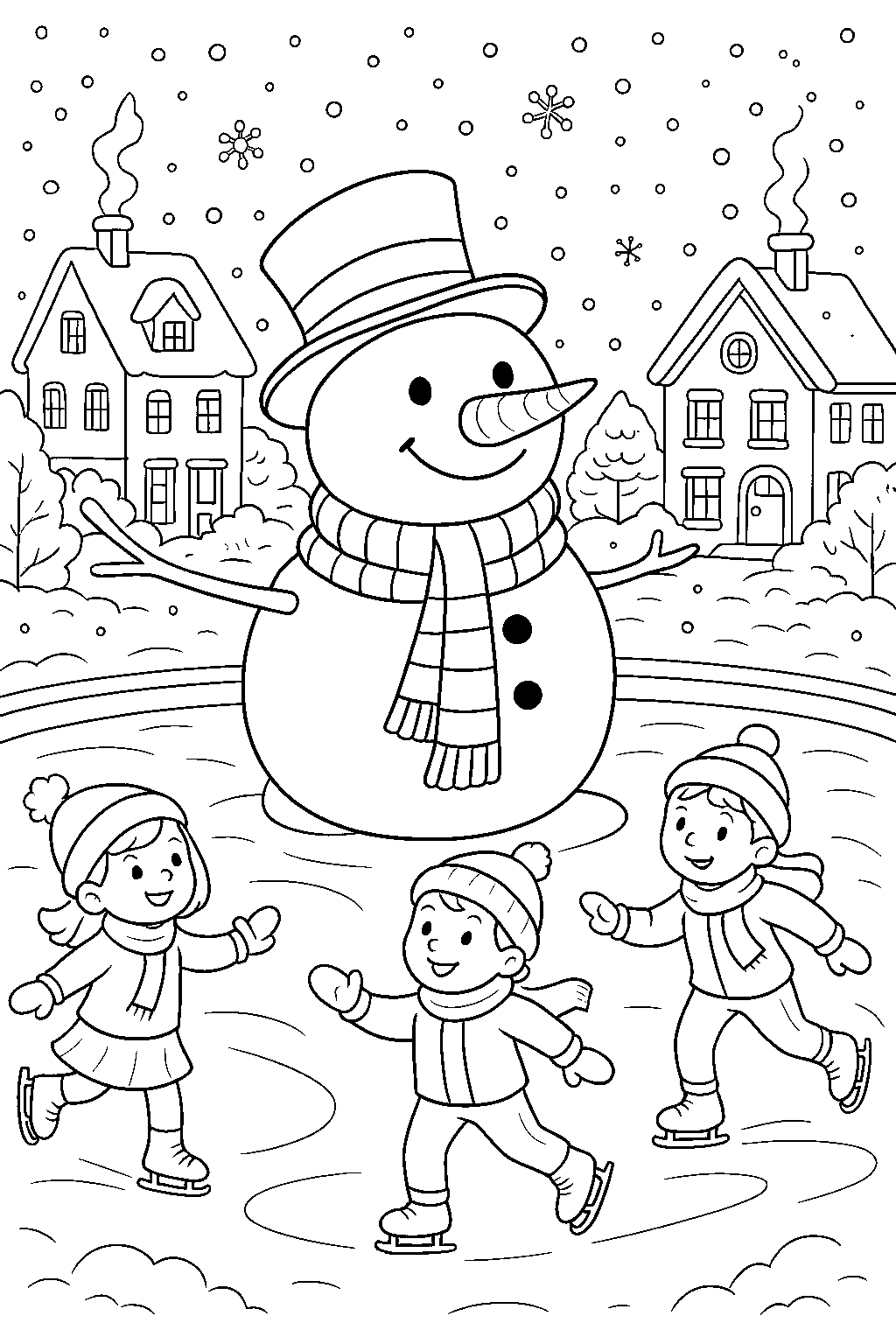 Snowman in the Winter Village — Free printable coloring page