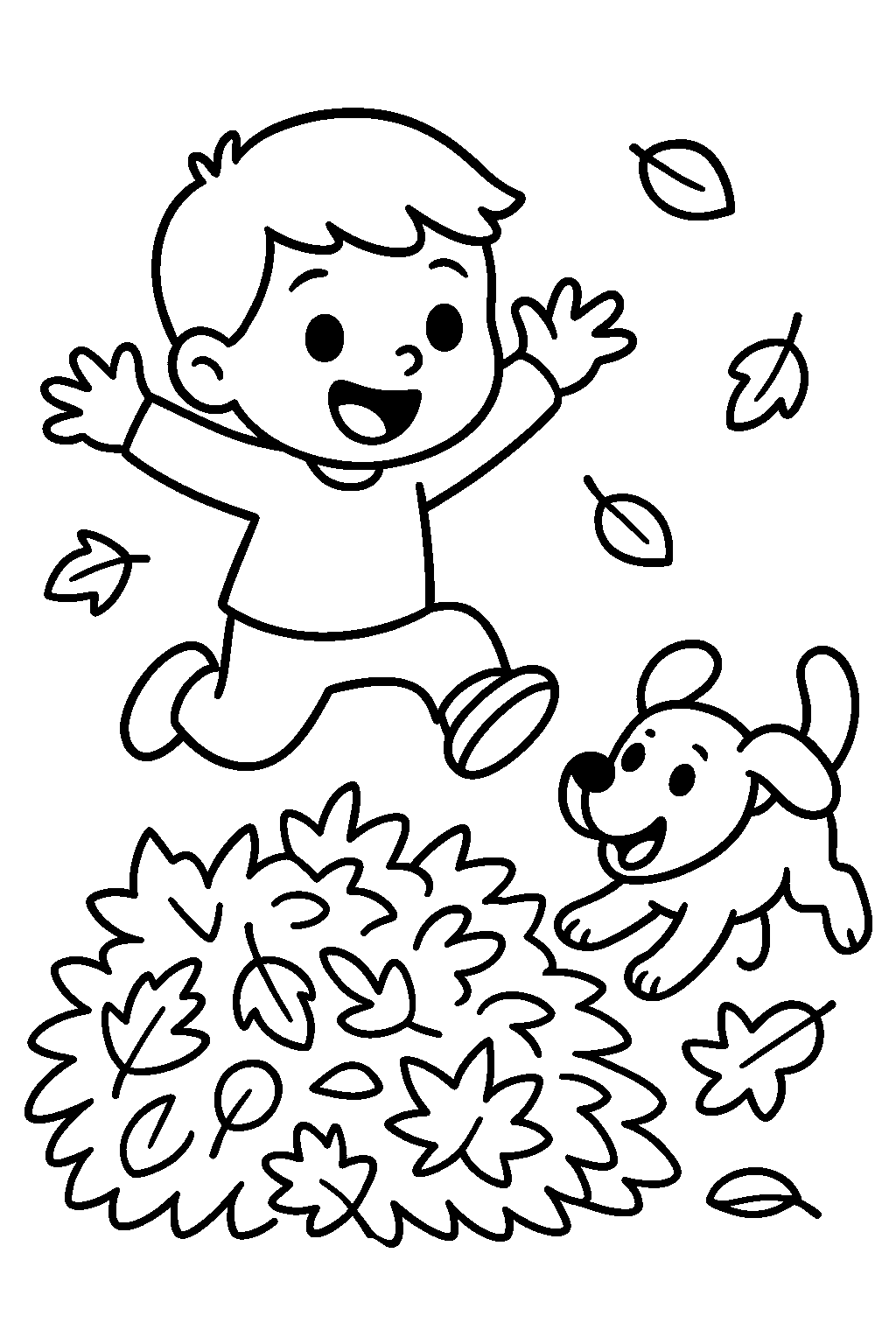 Jumping in Leaves — Free printable coloring page