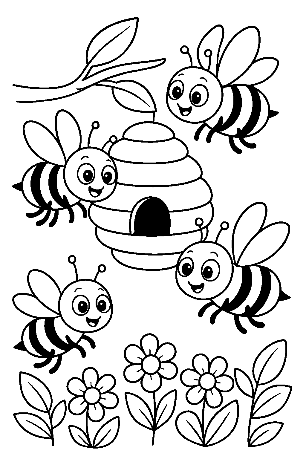 Busy Bees and the Hive — Free printable coloring page
