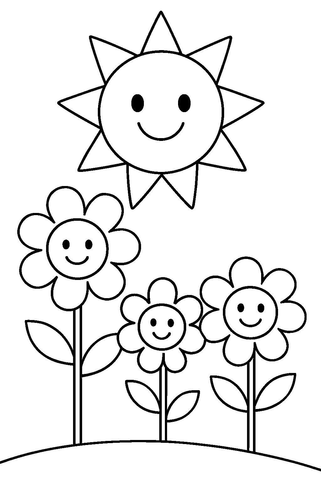 Smiling Sun over Flowers — Free printable coloring page