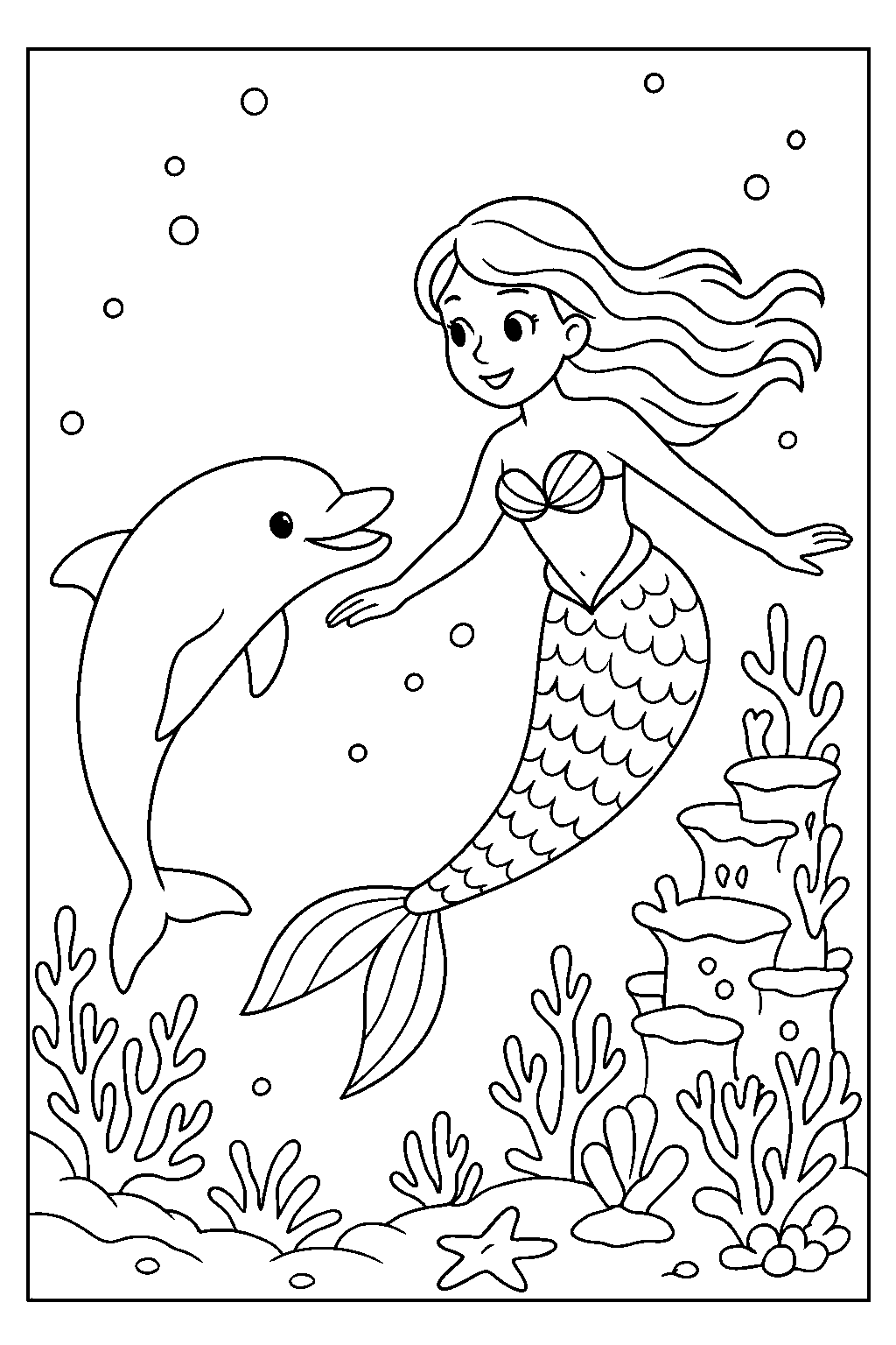 Mermaid and Dolphin — Free printable coloring page