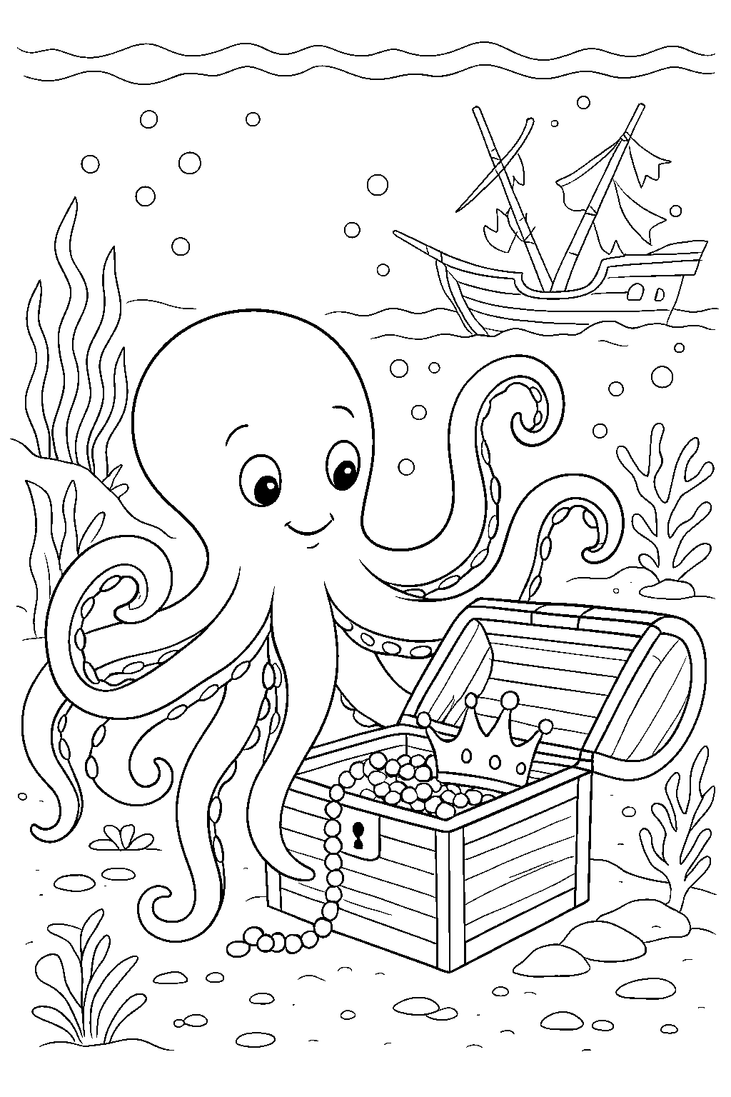 Octopus and the Treasure Chest — Free printable coloring page