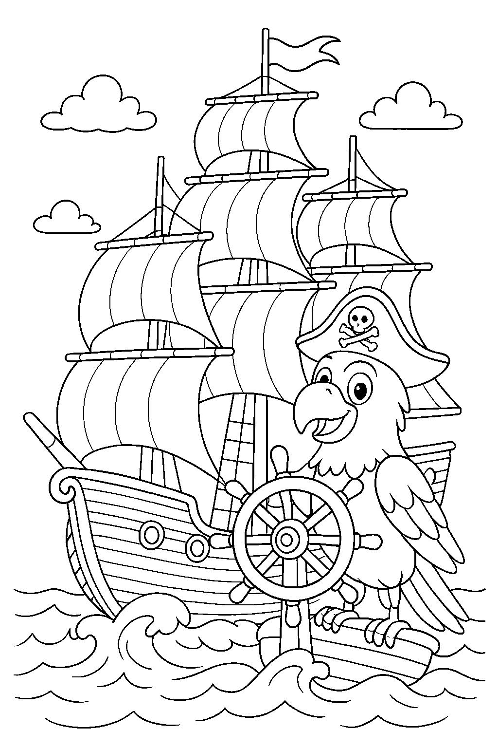 Pirate Ship at Sea — Free printable coloring page