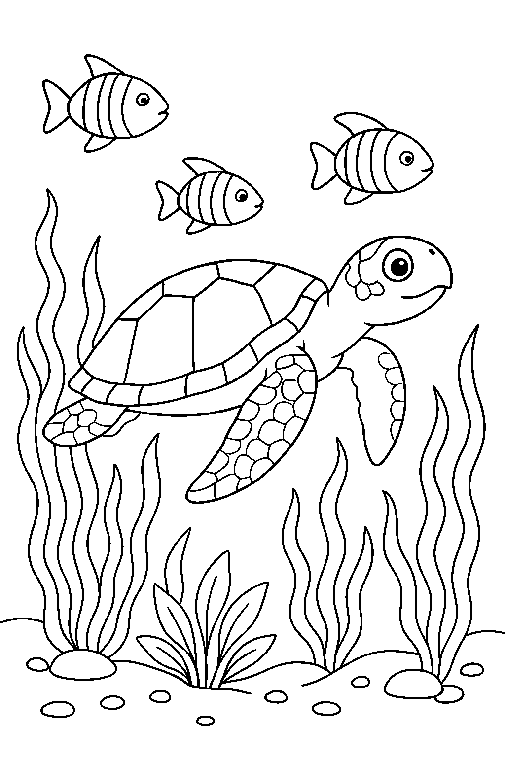 Sea Turtle and Little Fish — Free printable coloring page