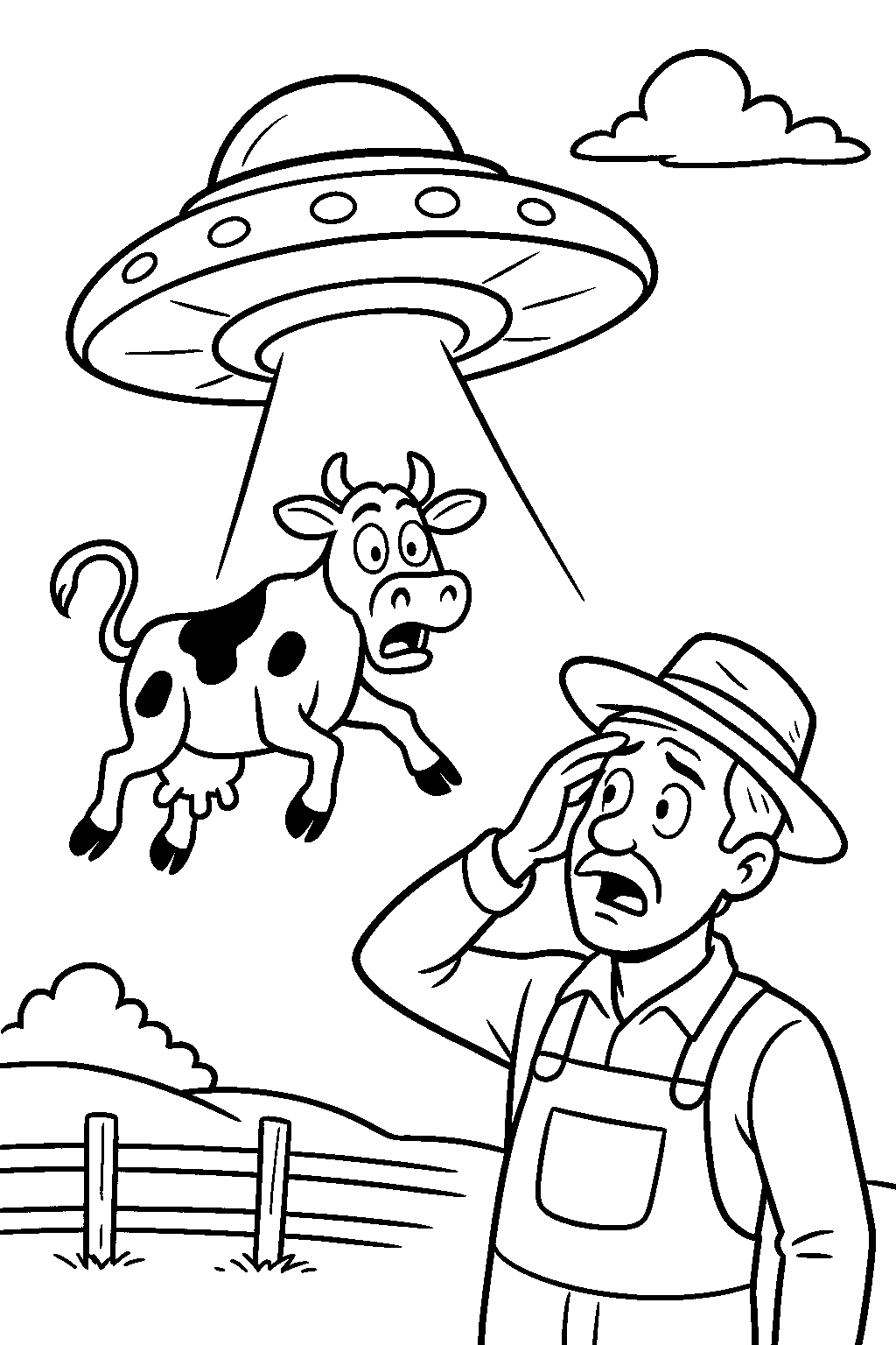 UFO and the Cow — Free printable coloring page