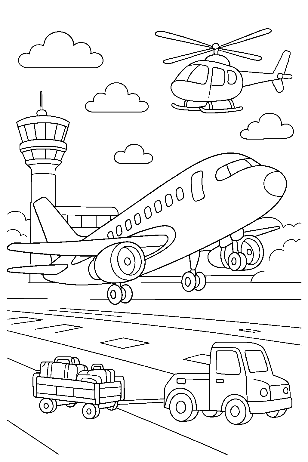 Busy Day at the Airport — Free printable coloring page