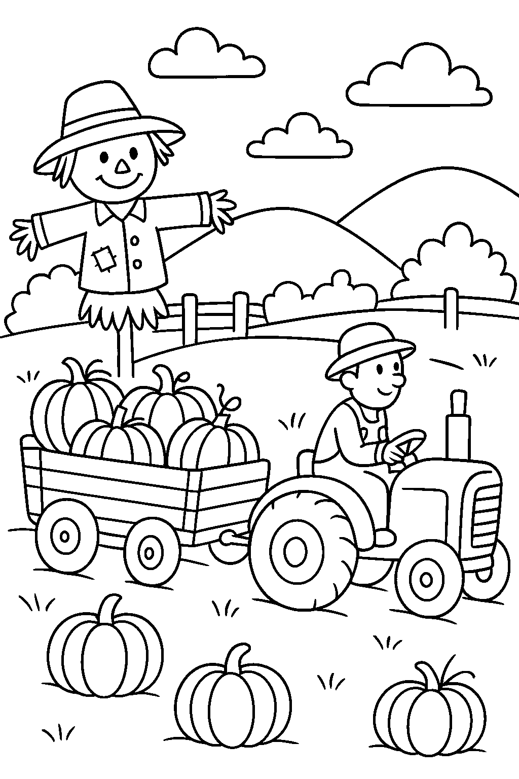 Pumpkin Harvest Tractor — Free printable coloring page